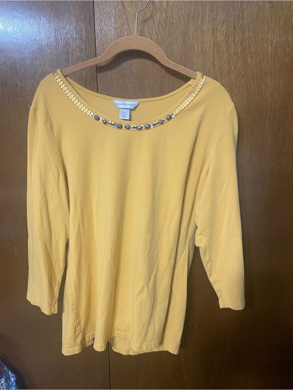Christopher & Banks Yellow Scoop Neck Embellished 3/4 Sleeve Top